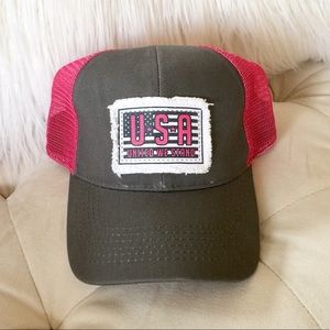 💜 USA Fringed Flag Patch Pink and Gray Hat 💜